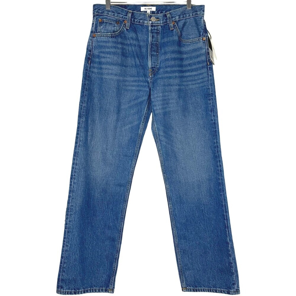 Re/Done Loose Longish Women Jeans 33x31 Bay Fade Blue Cotton Straight Button Fly